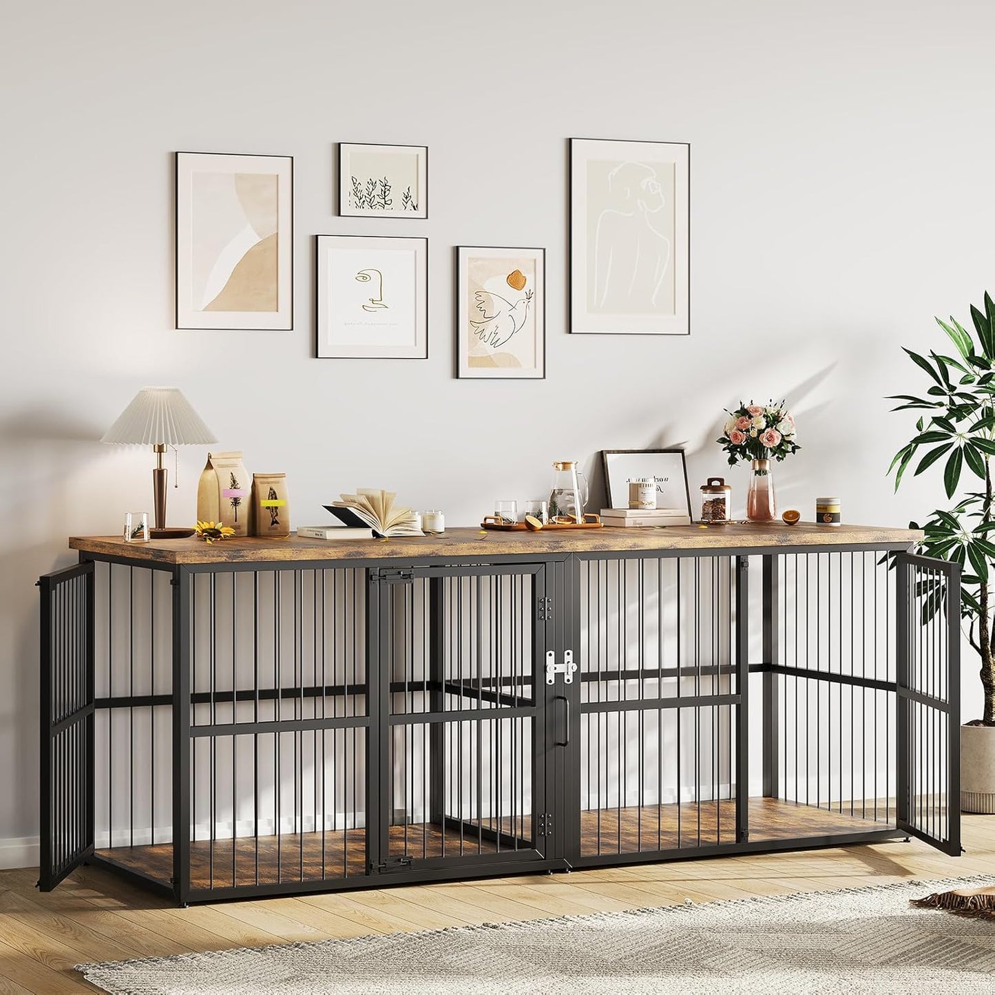 Extra Large Double Dog Crate Furniture with Divider – Heavy Duty Wooden Kennel Cage – Fits 2 Medium or Large Dogs – 3 Doors, Modern TV Stand, Indoor Pet House – Black