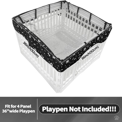 PJYuCien Dog Playpen Mesh Top Cover, Fits 36 Inch 4 Panels Regular Square Plastic Exercise Pet Pen, Adhesive Tape Connections, Black paw (Note: Cover Only, Fence Not Included)