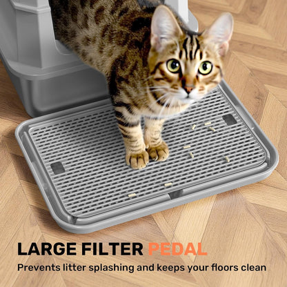 Stainless Steel Litter Box with Lid, Anti-Leakage Enclosed Metal Litter Box, Flip-Top Extra Large Kitty Litter Pan with Scoop & Pedal, Odor Free, Front & Top Dual Entry, Light Gray