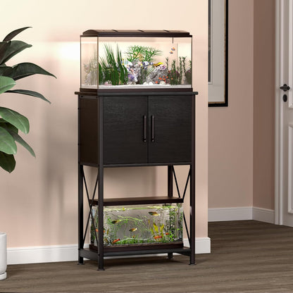 5-10 Gallon Fish Tank Stand, Metal Double Aquarium Stand with Cabinet for Fish Tank Accessories Storage, Heavy Duty 20.5" L* 11.02" W Tabletop, 500LBS Capacity Black PG06YGB