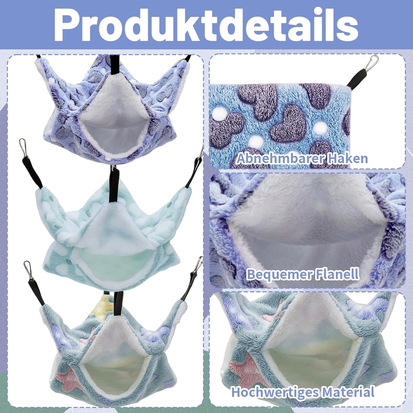 3PCS Ferret Hammock, Rat Hammock for Cage, Set with Green Star, Purple Heart & Pink Heart Designs, Soft Hanging Bed for Small Pets Like Sugar Gliders, Chinchillas, Guinea Pigs