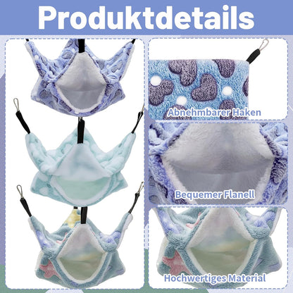 3PCS Ferret Hammock, Rat Hammock for Cage, Set with Green Star, Purple Heart & Pink Heart Designs, Soft Hanging Bed for Small Pets Like Sugar Gliders, Chinchillas, Guinea Pigs