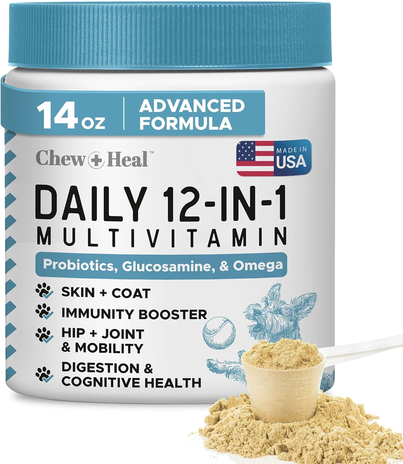 12-in-1 Multivitamin Powder for Dogs - 14 oz of Puppy and Senior Dog Vitamins and Supplements - Advanced Formula with Glucosamine, Omega 3,6,9, Vitamins, Probiotics, and More - Made in The USA