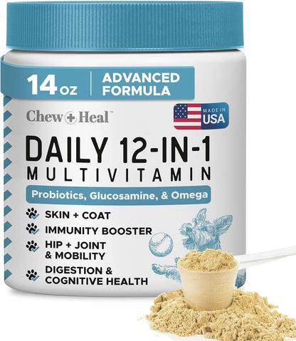 12-in-1 Multivitamin Powder for Dogs - 14 oz of Puppy and Senior Dog Vitamins and Supplements - Advanced Formula with Glucosamine, Omega 3,6,9, Vitamins, Probiotics, and More - Made in The USA