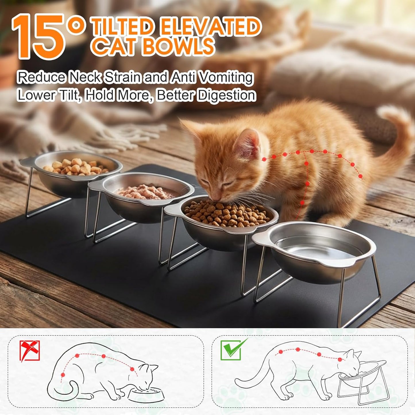 4 Set Elevated Cat Food Water Bowls 15°Tilted Stand Anti Vomiting Raised Dishes with Food Silicone Mat Stainless Steel Whiskers Friendly Cat Bowls for Multiple Cats and Puppy