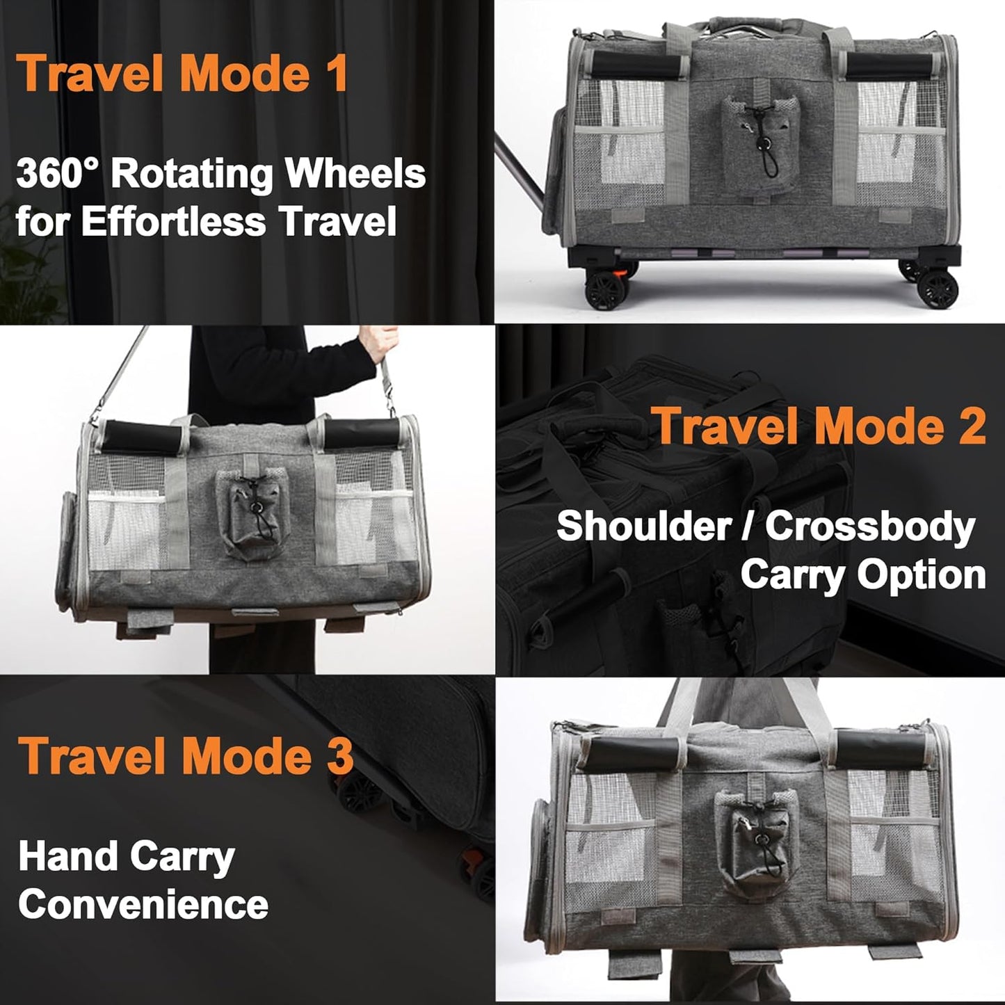 Large Cat Carrier with Wheels – Double-Compartment Foldable Pet Dog Carrier with Wheels for Multi Pets – Soft Rolling Backpack with Detachable Divider, Water Pocket, for Travel Camping Hiking