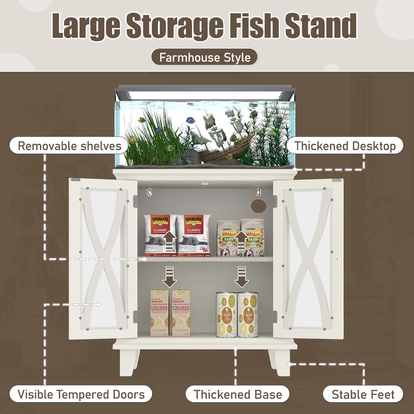 Merax 20 Gallon Fish Tank Stand with Power Outlets(4 AC 2 USB), Farmhouse Decorative Aquarium Stand Furniture with Adjustable Shelves, 10-20 Gallon Reptile Turtle Tank Stand with Cabinet Storage