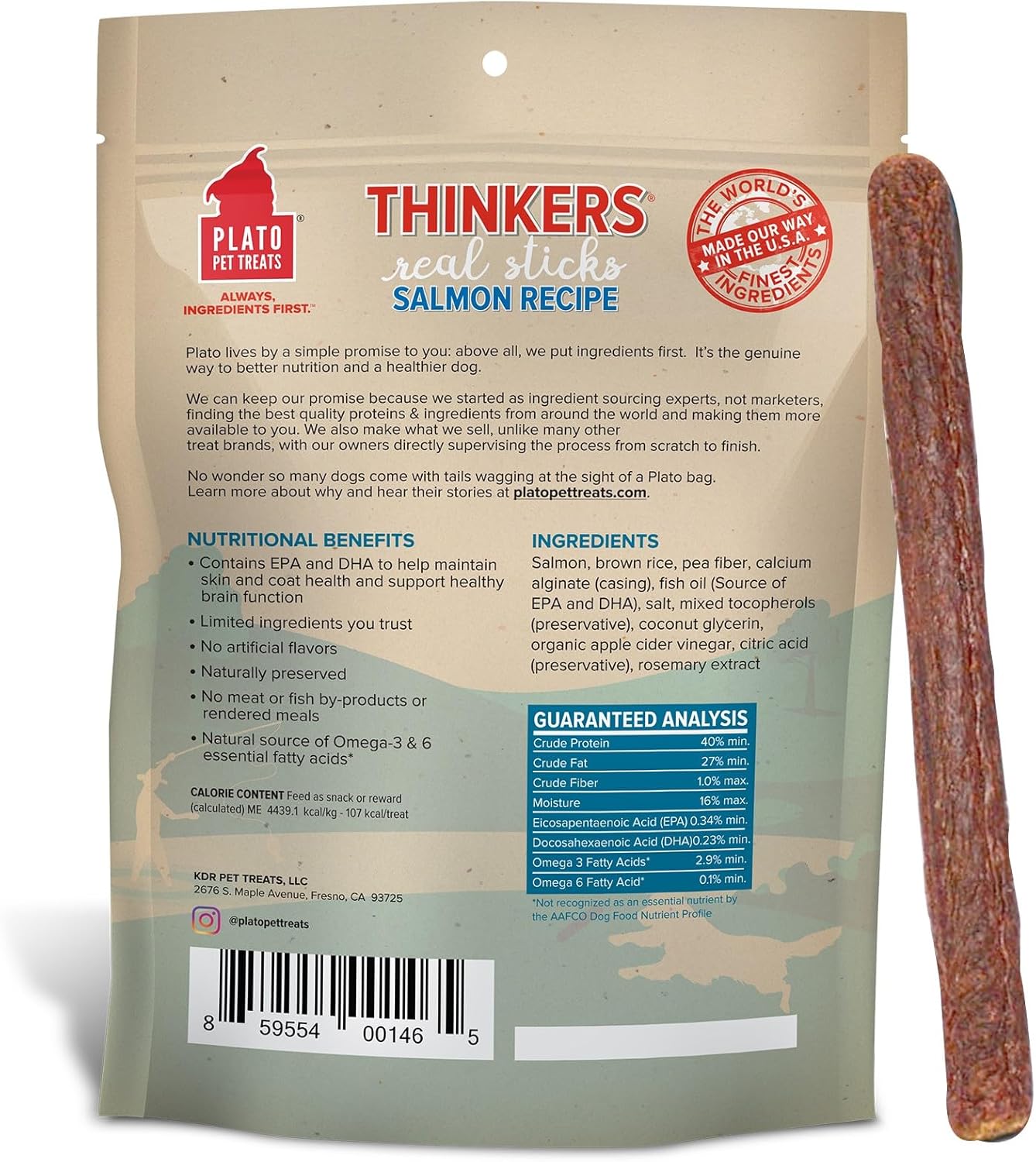 Plato Pet Treats Air Dried Dog Treats Salmon Thinkers Sticks, Natural Dog Treats, Real Meat, Air Dried, Made in the USA, 10oz