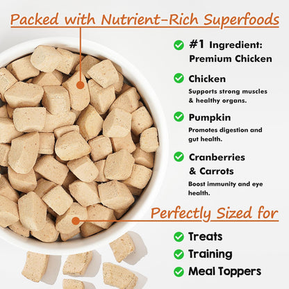 Freeze Dried Dog Treats Chicken Breast, 100% Pure Single-Ingredient Grain-Free, 2cm Tender Cubes for Medium Dogs, Hypoallergenic Low-Fat Snacks, Resealable Bag 6oz