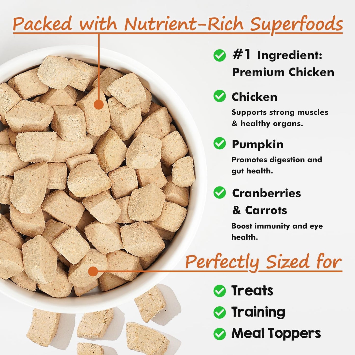 Freeze Dried Dog Treats Chicken Breast, 100% Pure Single-Ingredient Grain-Free, 2cm Tender Cubes for Medium Dogs, Hypoallergenic Low-Fat Snacks, Resealable Bag 6oz