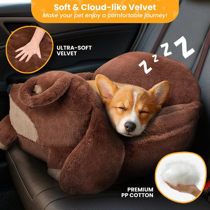 BurgeonNest Small Dog Car Seat, Cute Medium Dog Bed for Car Under 30 lbs, Washable Removable Cat Puppy Travel Booster Carseats with Clip-On Safety Leash, Fluffy Warm Pet Carrier Bag Home Bed, Brown