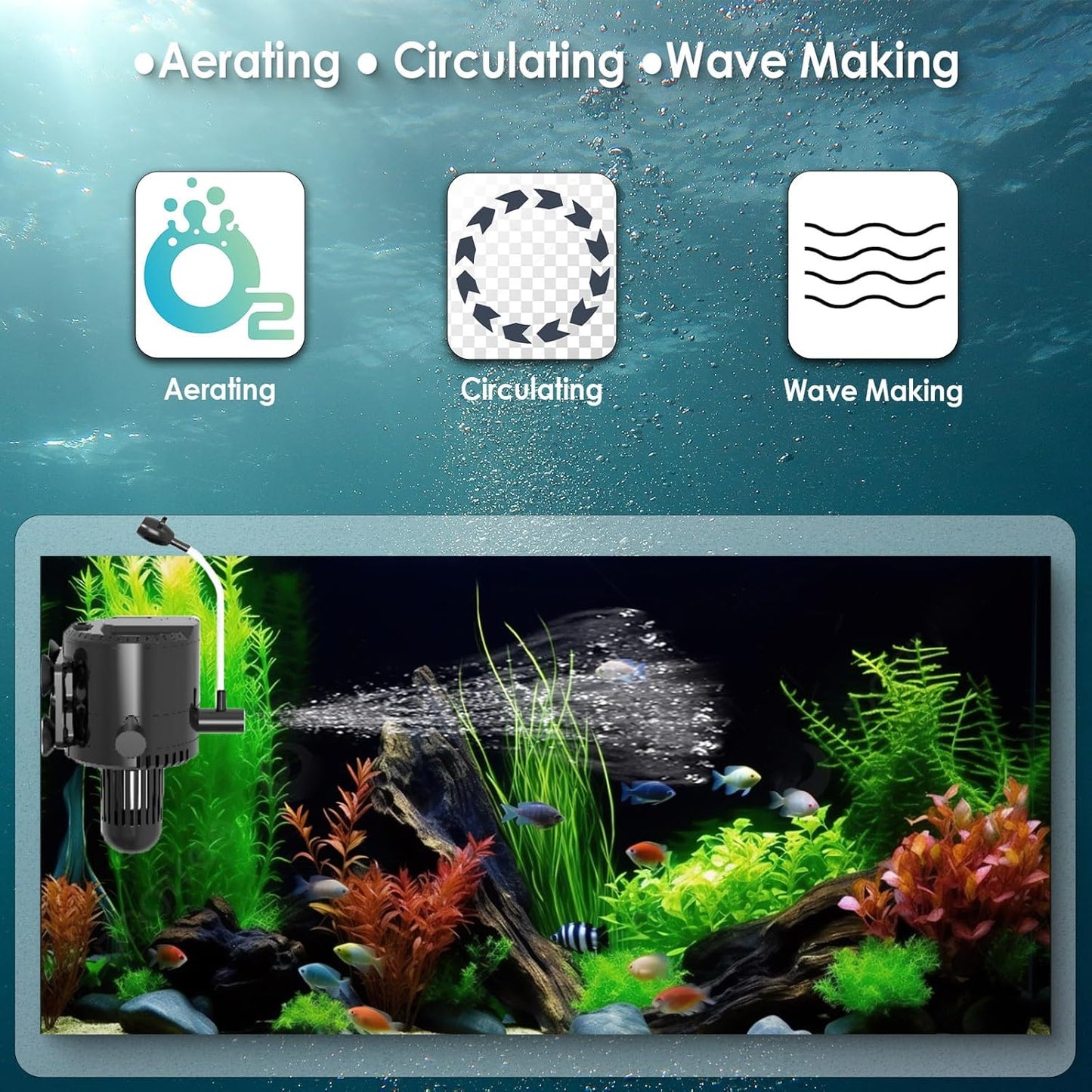 AquaMiracle Aquarium Powerhead Pump with Double Water Outlet & Aeration, 320GPH Fish Tank Water Pump Wave Maker for Aquarium, Submersible Aquarium Circulation Pump for 60-100 Gallon Tanks