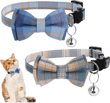 2Pcs Cat Collar Breakaway, Cat Bowtie Collar with Bells Soft Adjustable Kitten Accessories, Cute Plaid Cats Collar with Cat Buckle for Kitten Puppy and Small Pets
