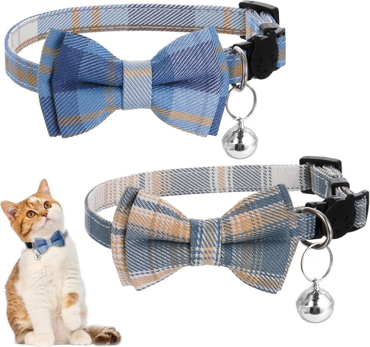 2Pcs Cat Collar Breakaway, Cat Bowtie Collar with Bells Soft Adjustable Kitten Accessories, Cute Plaid Cats Collar with Cat Buckle for Kitten Puppy and Small Pets