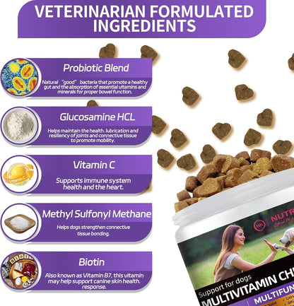 Multivitamin Chews for Dogs, Supports Growth, Hip & Joint, Skin and Gut Health, Immunity, Urinary and Kidney, antioxidants, Heart, Brain, Liver, Eyes, Natural Ingredients, 120 Chews