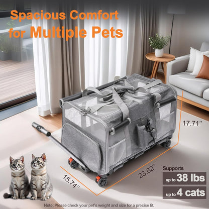 Large Cat Carrier with Wheels – Double-Compartment Foldable Pet Dog Carrier with Wheels for Multi Pets – Soft Rolling Backpack with Detachable Divider, Water Pocket, for Travel Camping Hiking