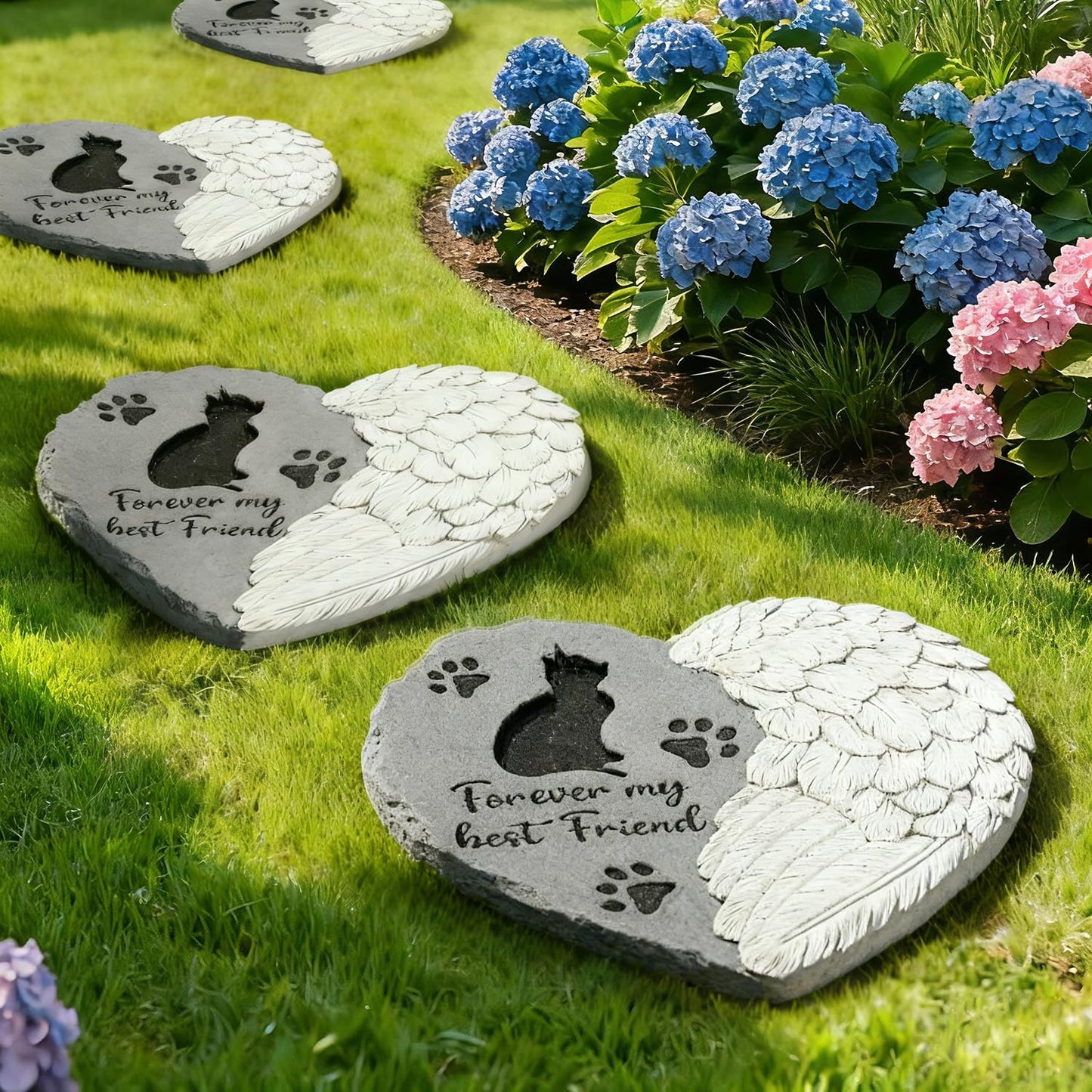 Cat Memorial Stone 10” Heart with Wings Outdoor Pet Grave Marker Cement Garden Remembrance Stone Sympathy Gift for Loss of Cat Angel Paw Design