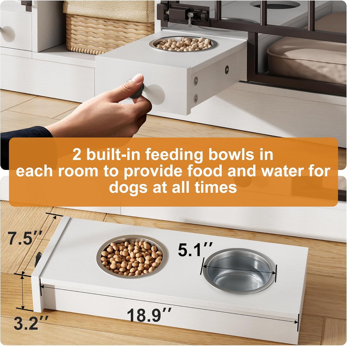 GarveeHome Dog Crate Furniture for 2 Dogs, Dog Kennel Indoor with Storage and Feeding Bowls, Double Dog Crate TV Stand for Small Medium Dogs, White