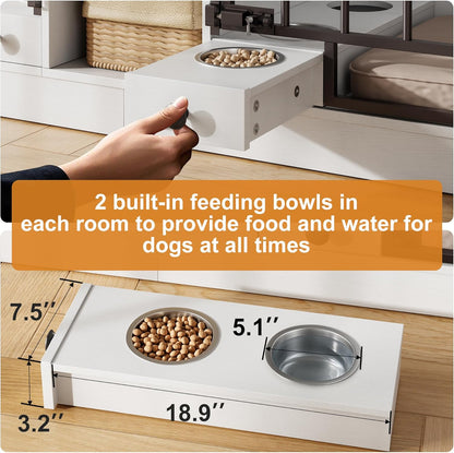 GarveeHome Dog Crate Furniture for 2 Dogs, Dog Kennel Indoor with Storage and Feeding Bowls, Double Dog Crate TV Stand for Small Medium Dogs, White