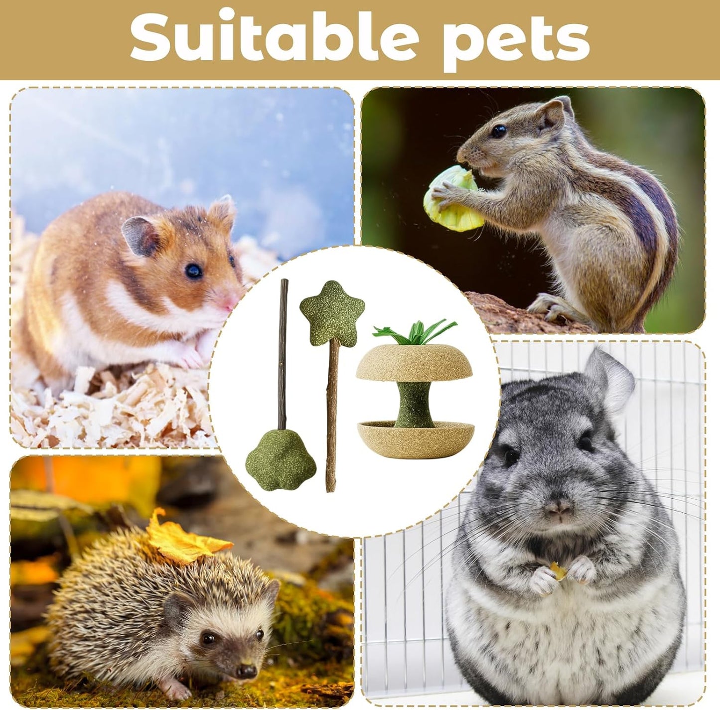 Hamster Stuff, Rabbit Chew Toys, Rat Toys, 2 Chew Sticks and 1 Apple Core, Small Animal Teeth Care, Natural Wood Material