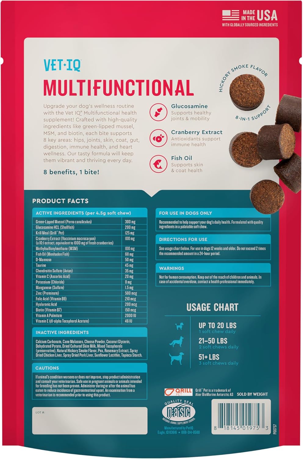 VetIQ 8-in-One Multifunctional Supplement for Dogs, Supports Hip & Joint, Urinary Tract, Immune System, Skin Health and Heart Health, Soft Chews, Made in the USA, 60 Count