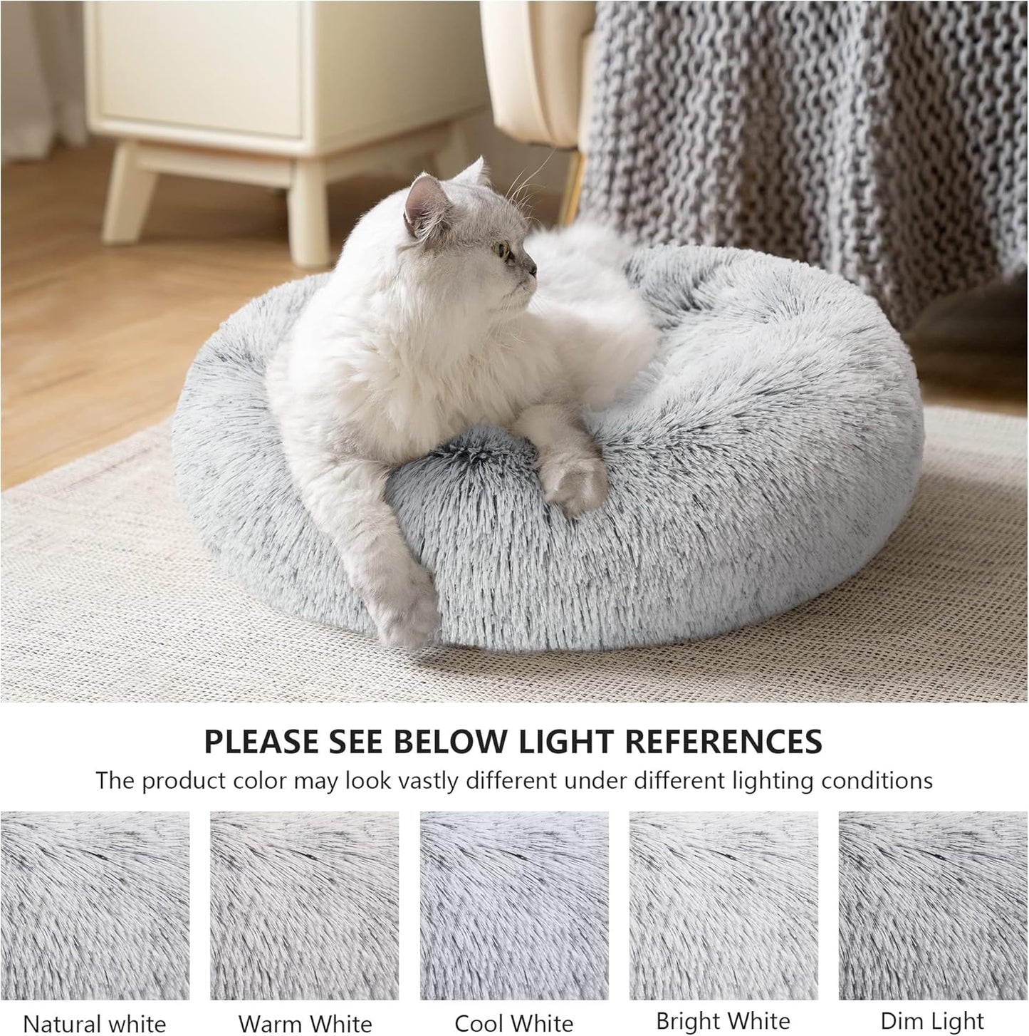 Love's cabin Calming Cat Bed for Indoor Cats, Anti-Anxiety Donut Round Dog Bed, Fluffy Faux Fur Washable Pet Bed for Small Medium Dogs and Cats,Grey,20in