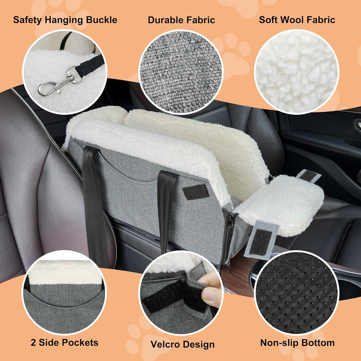 Center Console Dog Car Seat for Small Dogs, Dog Booster Seat with Upgraded Safety Tethers, Detachable Washable Pet Car Seat Travel Bed Under 25lbs(Grey)