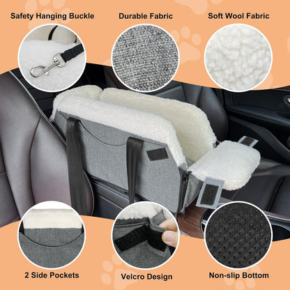 Center Console Dog Car Seat for Small Dogs, Dog Booster Seat with Upgraded Safety Tethers, Detachable Washable Pet Car Seat Travel Bed Under 25lbs(Grey)