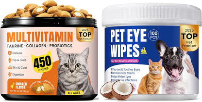 Cat Multivitamin Treats with L-Lysine & Taurine for Daily Immune Health + Gentle Eye Wipes for Tear Stain & Eye Hygiene Care – Complete Daily Wellness Routine