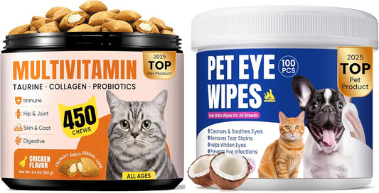 Cat Multivitamin Treats with L-Lysine & Taurine for Daily Immune Health + Gentle Eye Wipes for Tear Stain & Eye Hygiene Care – Complete Daily Wellness Routine