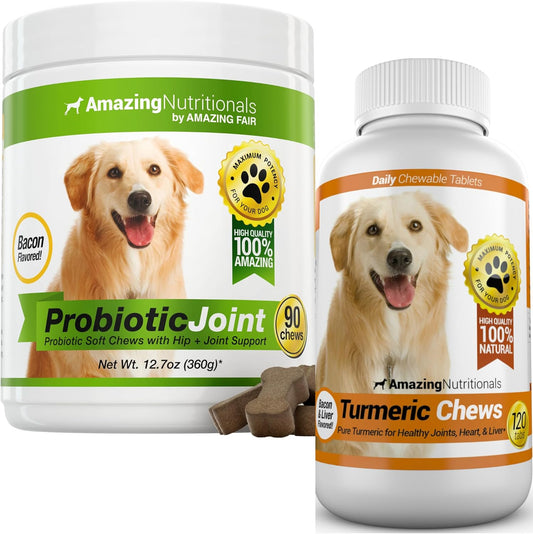 Probiotics for Dogs Digestive Health Turmeric Joint Support Bundle - Eliminates Joint Pain Inflammation, Incontinence, Gas and Diarrhea Soft Chews