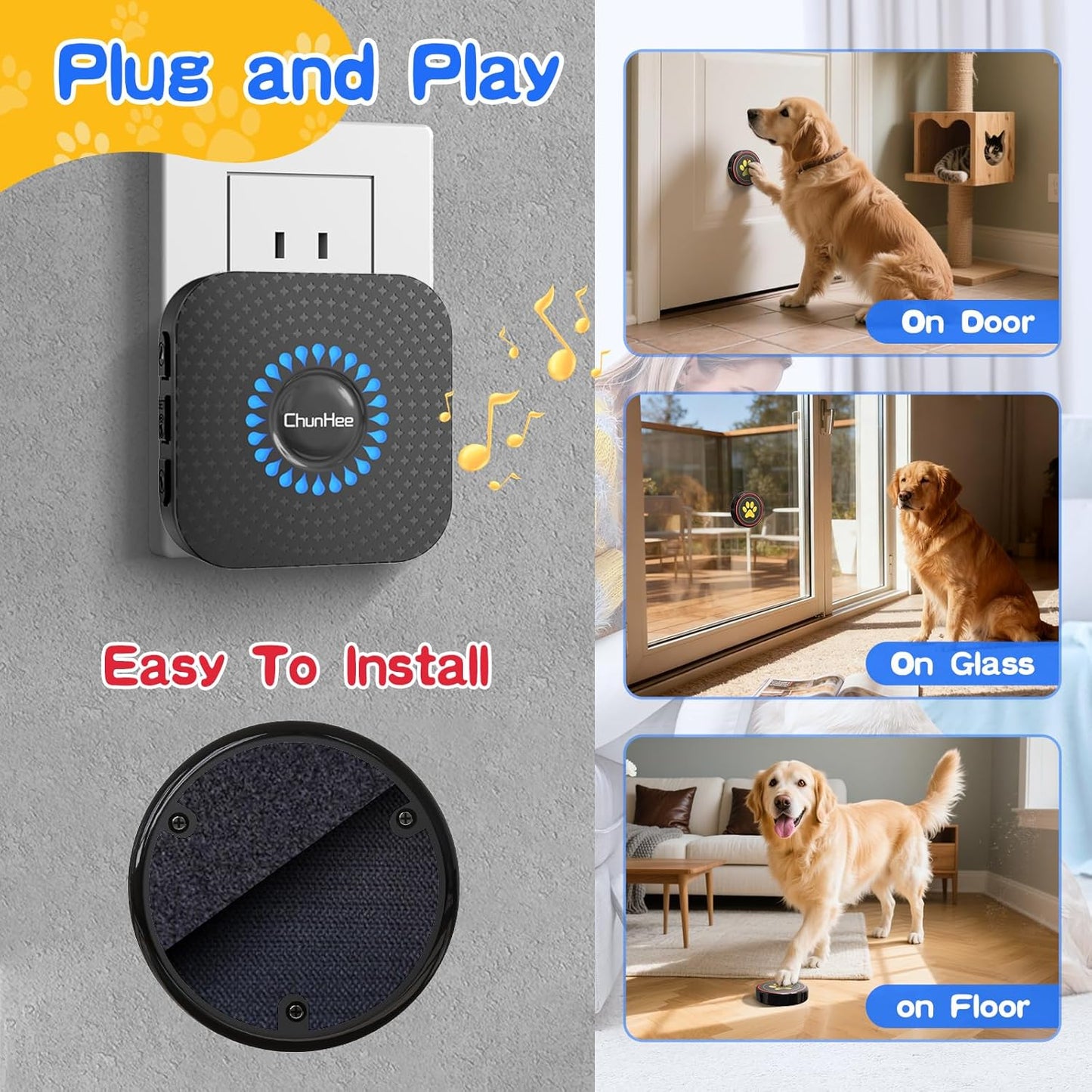 ChunHee Dog Door Bell for Potty Training – Wireless Doggie Doorbell to Go Outside, 1.6in Touch Surface, Easy for Puppy & Adult Dogs, IP55 Waterproof, 500FT Range, 55 Ringtones, Adjustable Volume