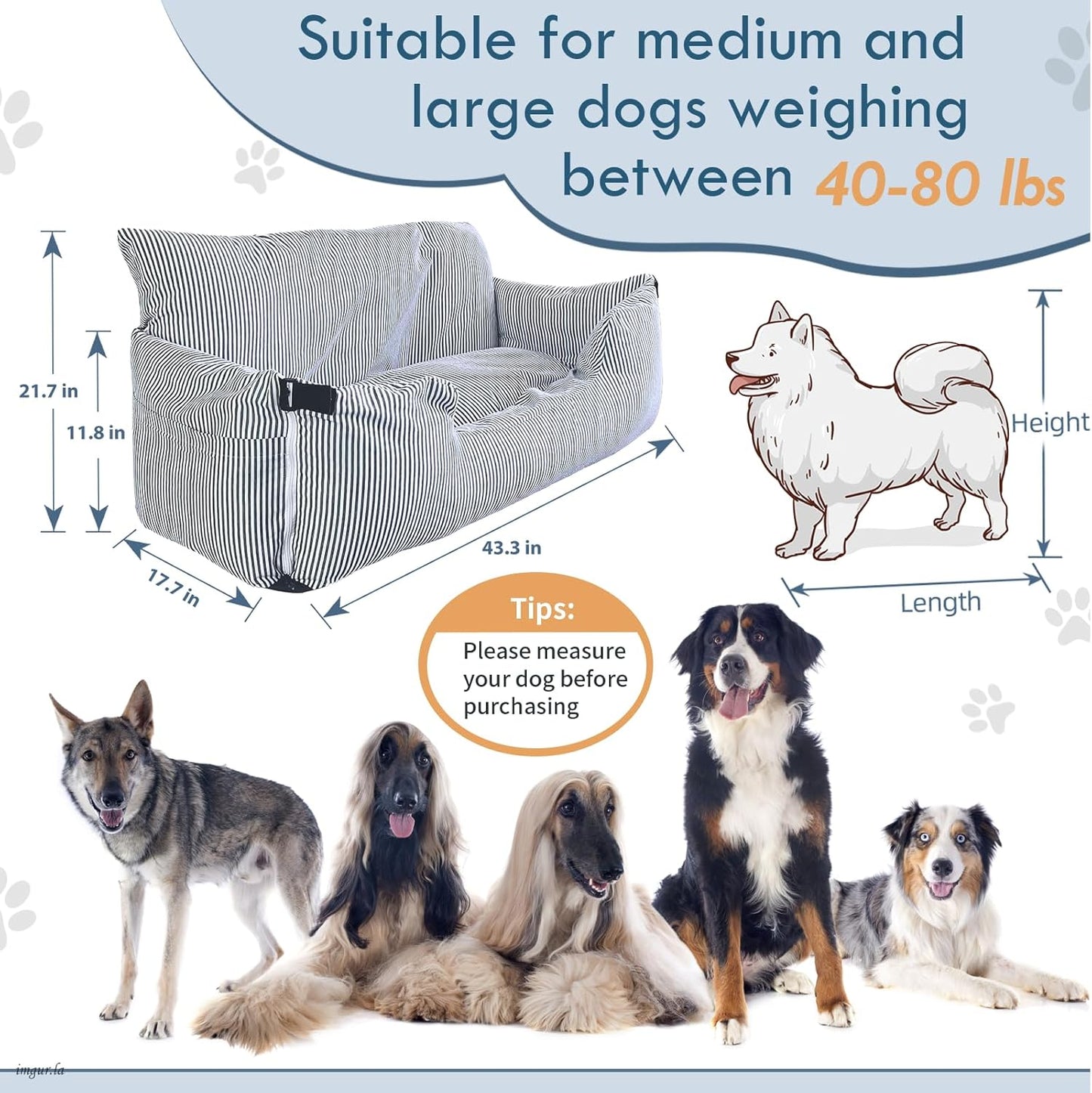 Dog Car Seat for Large Dogs,Dog Booster Seat Under 80lbs or 2 Small Dogs, Detachable Pet Seat with Safety Belt, Non-Slip Base, and Storage Pockets for Car Travel