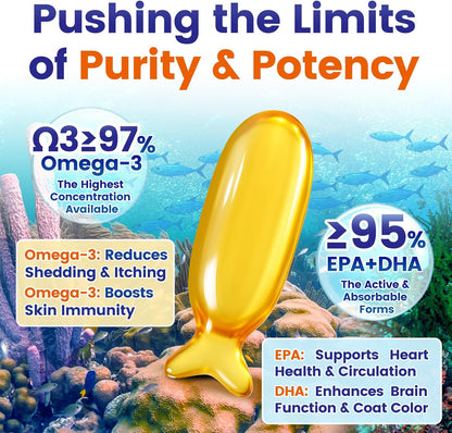 Fish Oil for Dogs & Cats, Omega 3 Fish Oil for Pets | Rich in 97% Omega 3 & 95% EPA+DHA | Made with Peruvian Anchovies, Promotes Healthy Skin, Shiny Coat & Strong Joints, 100 Capsules