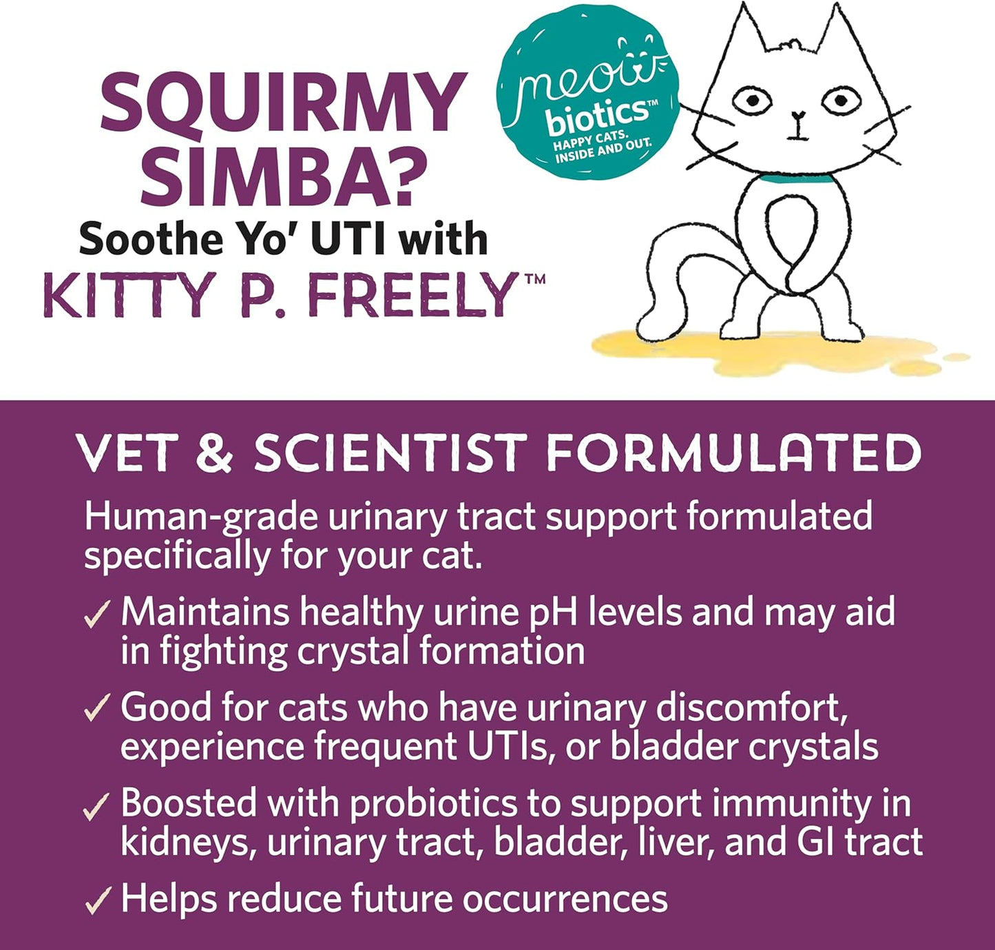 Meowbiotics Kitty P. Freely Cat Urinary Supplement, Cranberry for UTI & Kidney Support Powder Probiotics for Cats, Made in USA (30 Days)