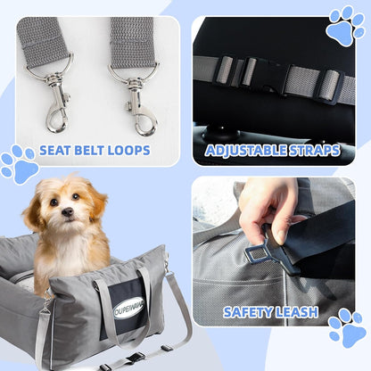 Dog Car Seats for Small & Medium Dogs, Waterproof Dog Booster Seat with Storage Pockets Soft Travel Bed with Clip-On Safety Dogs Leash and Secure Straps Puppy Travel Carrier Bed，Gray