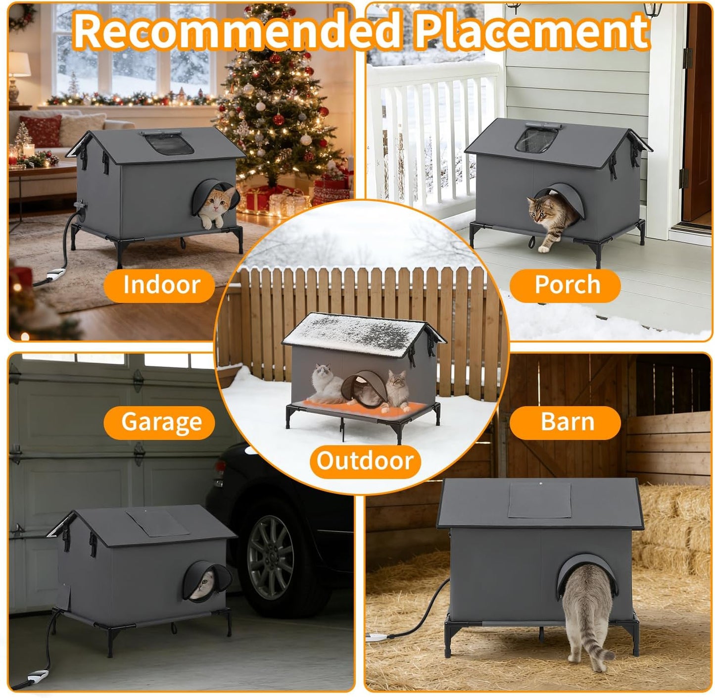 Large Heated Cat House for Outside, Weatherproof Insulated Indoor Outdoor Cat House with Adjustable Heating Pad, Escape Door & Elevated Base, Warm Shelter for Feral Stray Barn Cats, 25”Lx19”Wx22”H