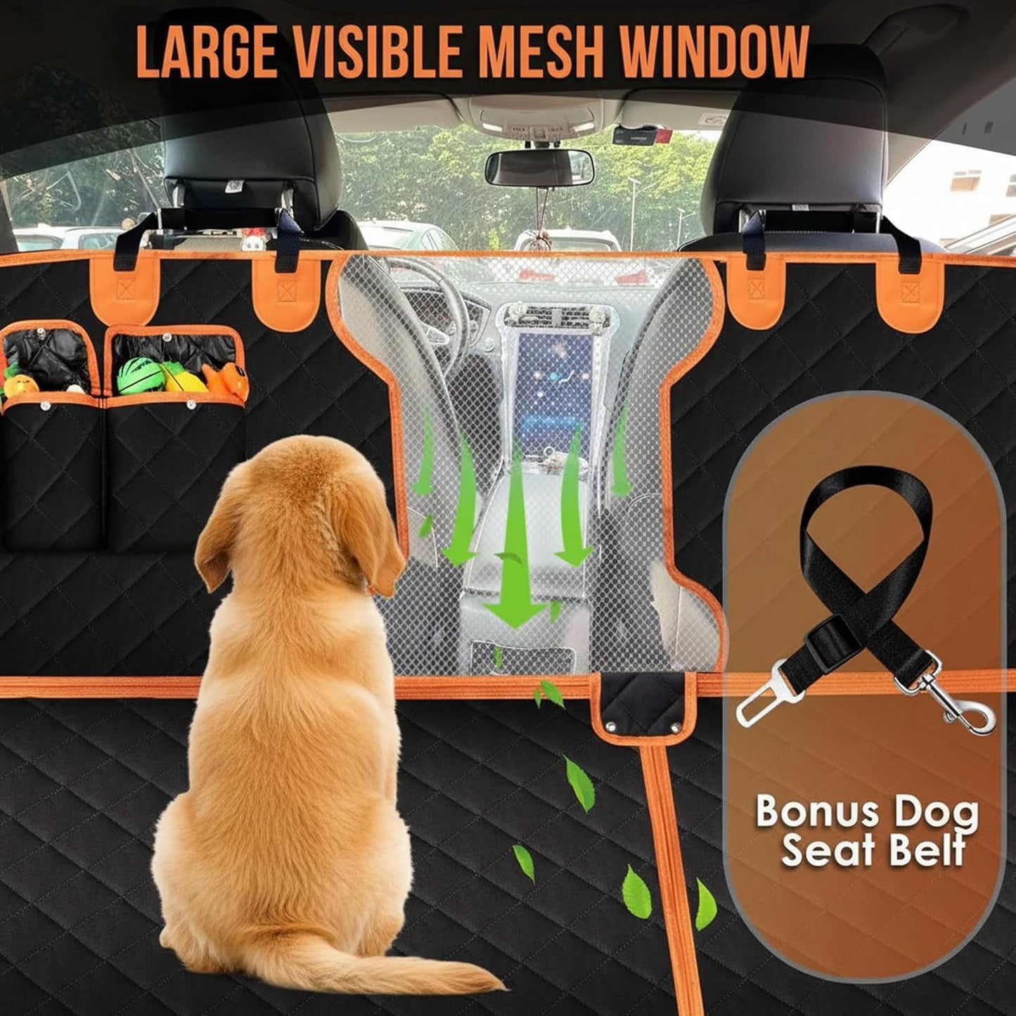 Dog Car Seat Cover with 2 Hammock Straps & 1 Safety Belt – Waterproof, Nonslip, Scratchproof Pet Back Seat Protector for Cars, SUVs & Trucks – Easy to Install, Washable Travel Accessory