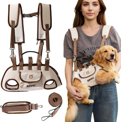 Dog Sling Backpack Carriers - Adjustable Pet Lift Harness Gear, Breathable Dogs Carrying Lifting with Traction Leash Shoulder Straps and Treat Bag for Walking Hiking Travel (L, 14-20lbs)