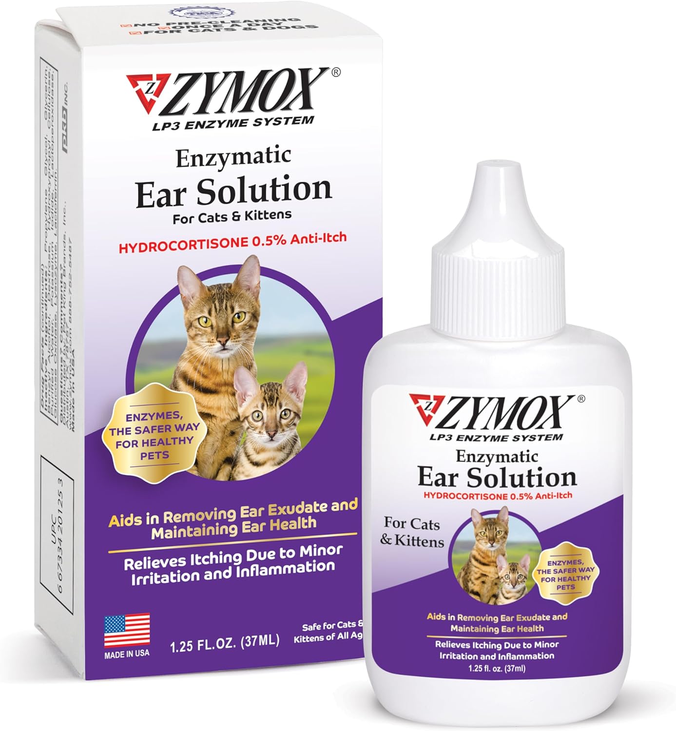 Zymox Enzymatic Ear Solution with 0.5% Hydrocortisone for Cats & Kittens, 1.25 oz. – Cleans & Refreshes Ear Canal for Relief from Wax, Dirt Buildup, Itchiness, Irritation, Inflammation & Redness