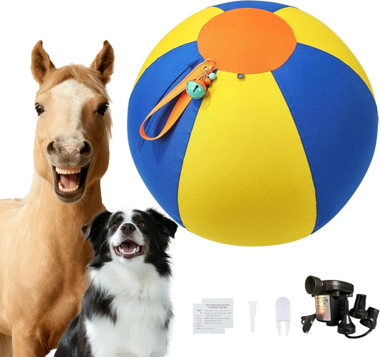 22" Herding Ball for Dogs with Bell – Yellow & Blue Dog Ball for Large Dogs, Dog-Visible Colors, 900D Oxford Fabric, Non-Chew Interactive Dog Toy for Outdoor Training & Exercise with Air Pump Included