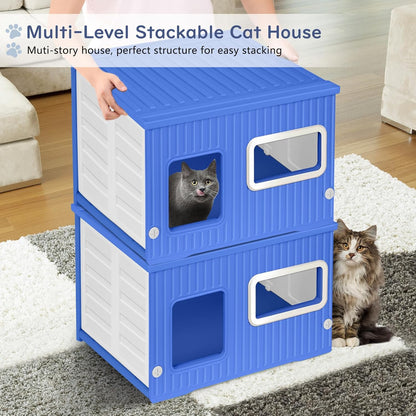 Cat House for Outdoor Indoor Use, Stackable Feral Cat Shelter Indoor Cat House Weatherproof Waterproof Elevated, with 2-Sided Cushion (Blue White)