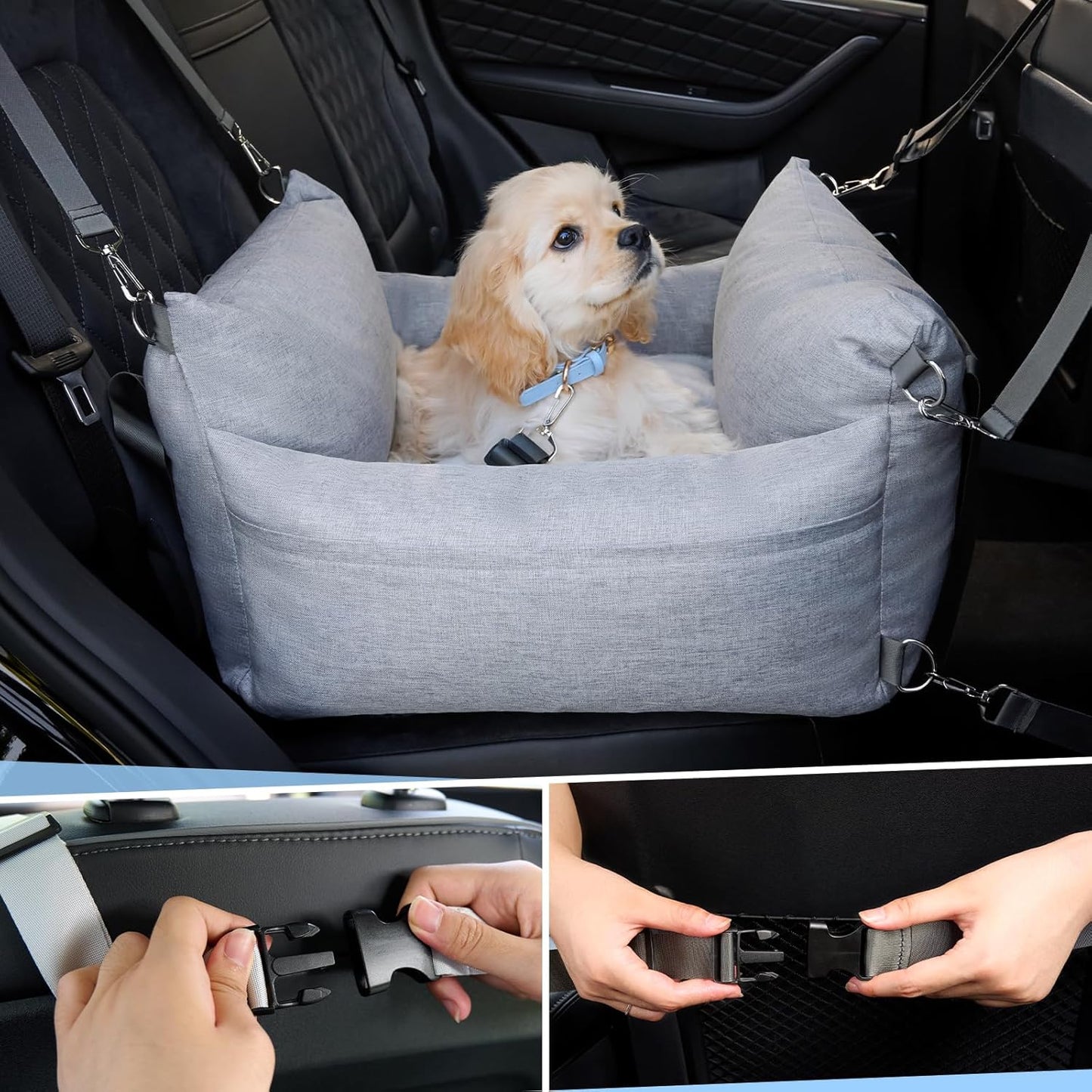 Dog Car Seat for Small Pets - Portable Travel Carrier With Pocket, Memory Foam Filling, Safety Leash - Machine Washable, Waterproof Booster Bed (Grey)