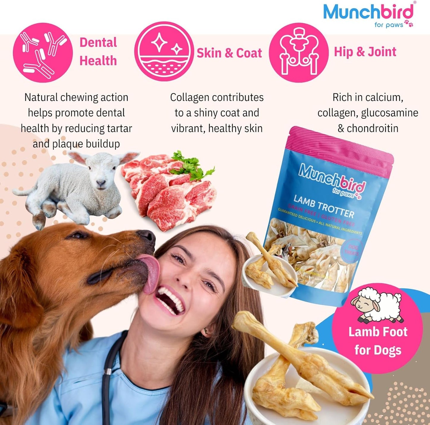 Munchbird Lamb Trotter Dehydrated Dog Treats Natural Glucosamine for Dogs Chondroitin for HIPS and Joints Lean Hypoallergenic Protein Rawhide Free. Alternative to Duck Feet Lamb Ears (4.5 oz)