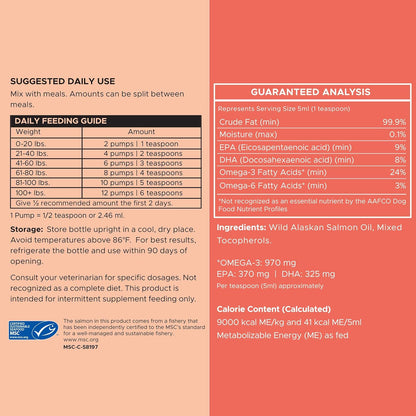 Pure Wild Alaskan Salmon Oil for Dogs - 8 oz. Pump Cap - Toxin Free Dog Fish Oil Rich in Omega-3 and 6, Vitamin D, EPA, and DHA for Healthy Skin and Coat - Pink, COHO, and Sockeye Salmon