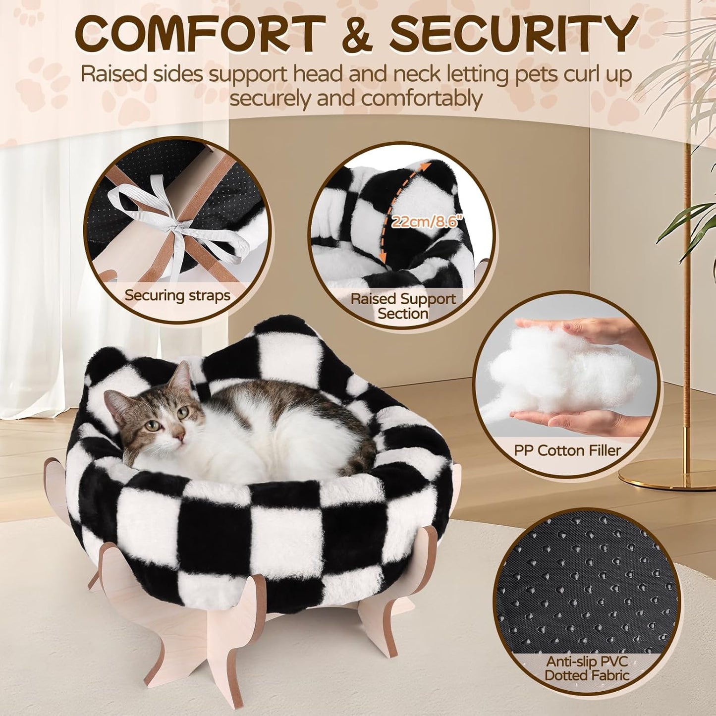 Elevated Cat Bed for Indoor Cats, Pet Couch Bed with Removable Fluffy Cushion, Wooden Stand, 18” x 11” Raised Cat Sofa for Kitty Puppy, Checkered Soft Cushion Cats Furniture