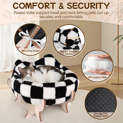 Elevated Cat Bed for Indoor Cats, Pet Couch Bed with Removable Fluffy Cushion, Wooden Stand, 18” x 11” Raised Cat Sofa for Kitty Puppy, Checkered Soft Cushion Cats Furniture