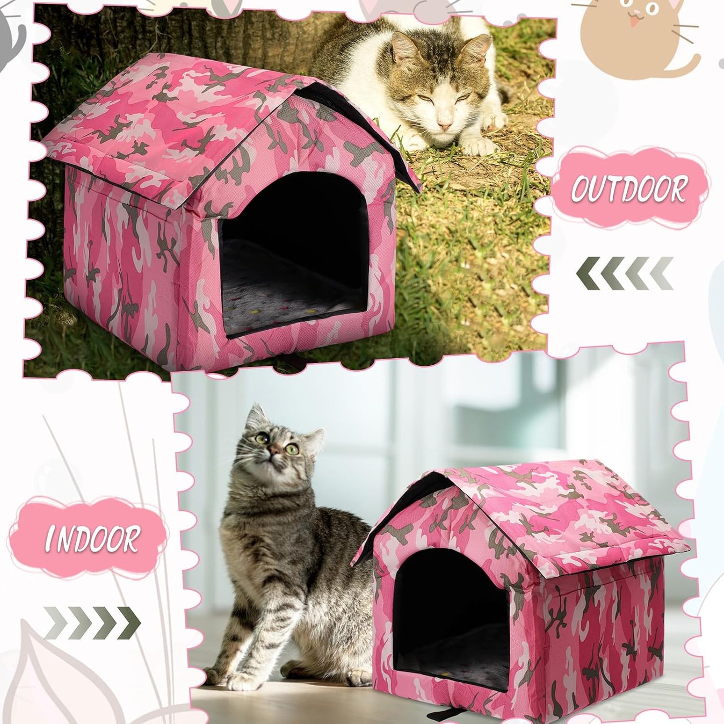 3 Set Waterproof Stray Cats Shelter Cat Houses for Outdoor Winter Warm Foldable Pet Cave with Soft Blankets Animal Tent Bed for Winter Feral Puppy Weatherproof(Style 2,Pink)