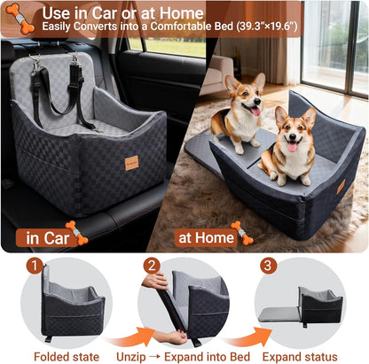 2 in 1 Dog Car Seat Bed for Small/Medium Dogs Up to 35 lbs, Travel Dog Booster Seat with Memory Foam Thick Cushion, Safety Belts&Storage Pockets, Removable Washable Bed Fits Front or Back Seat