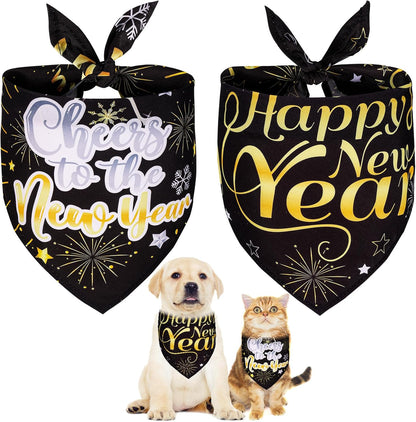 New Years Dog Bandana 2PCS, Happy New Year Dog Bandana for Boys and Girls, Adjustable Pet Neckerchief for Pet Gifts